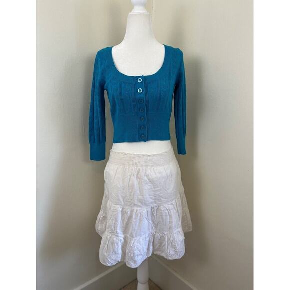 Betsey Johnson Vintage 90s y2k Button Cardigan S Blue Crochet Knit Sweater Crop - Picture 1 of 9